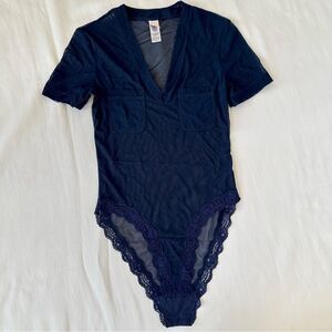 HAH Hot As Hell Bodysuit Top Sheer Vneck Shortsleeve Pocket Navy Blue Small S